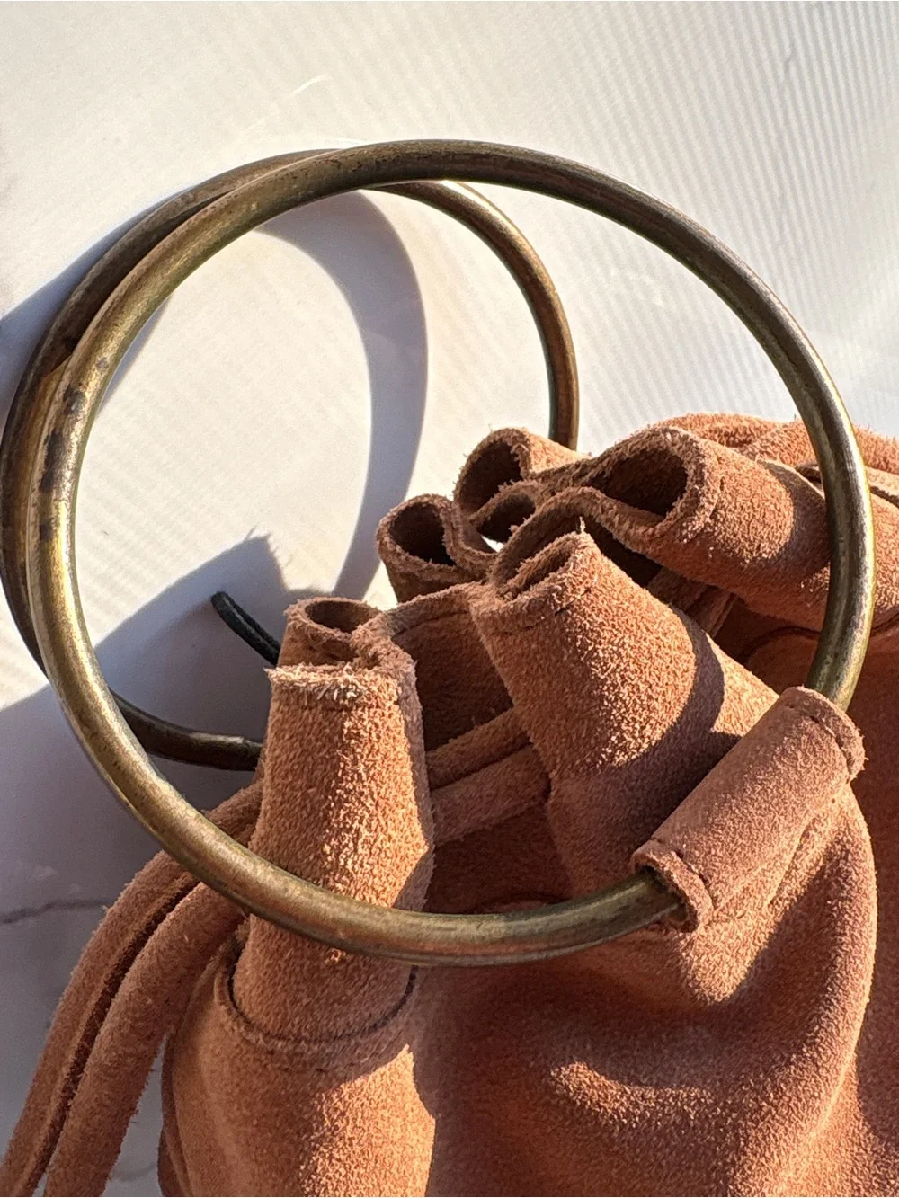 World Market Brown Suede Bucket Bag Metal Ring Handle Drawstring Leather Purse